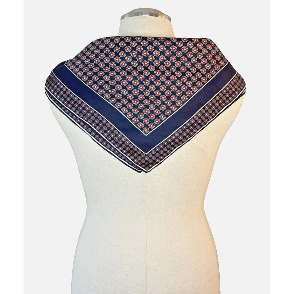 Hand Rolled Silk Scarf Blue Red White Geometric Floral 18" Sq EUC